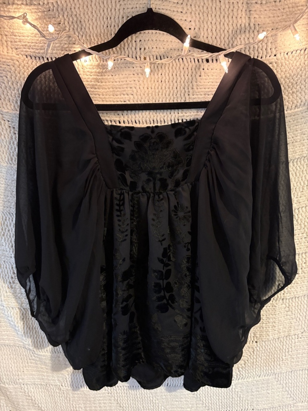 Black Velvet-Detail Sheer Sleeve Women's Top